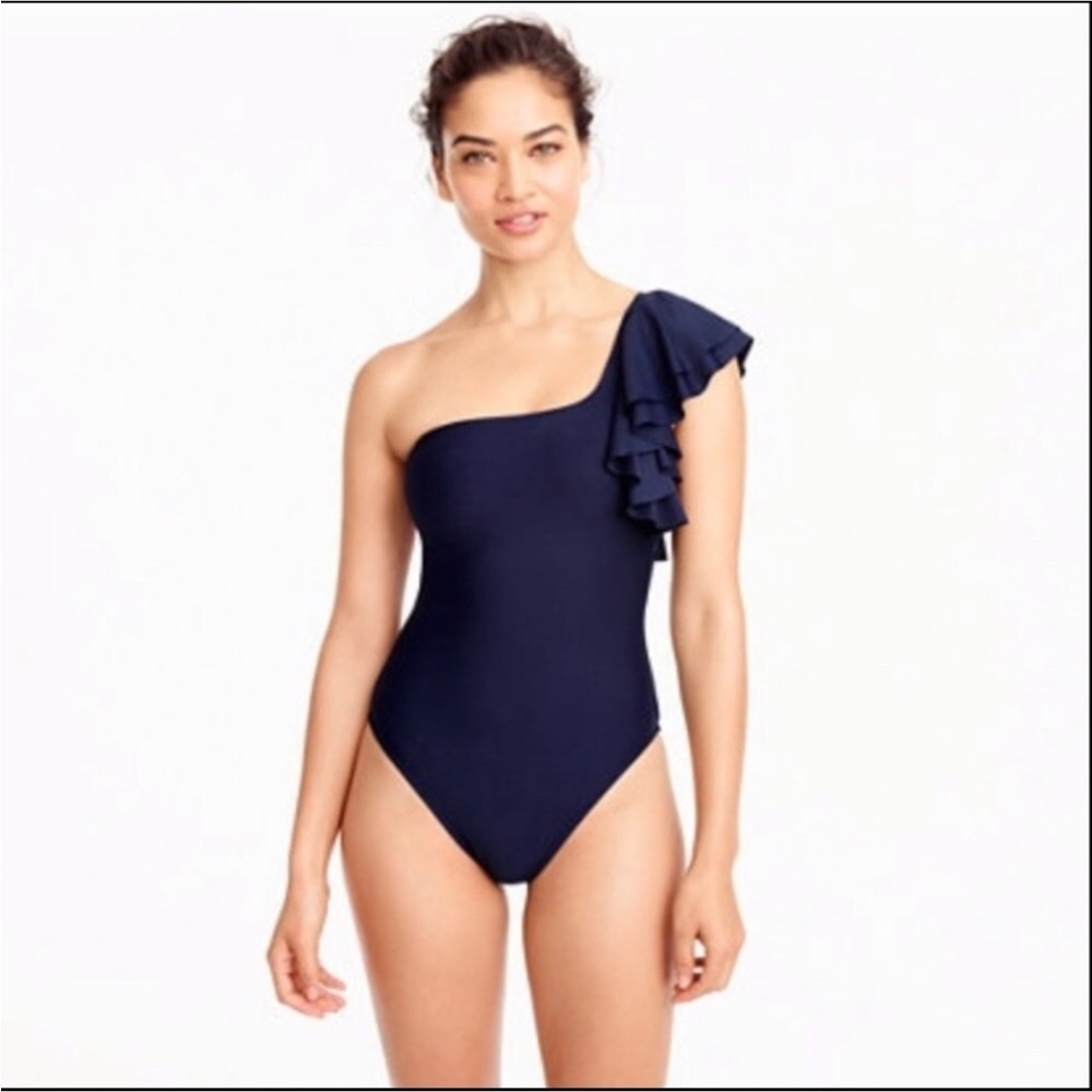 J. Crew one shoulder one piece swimsuit with ruffle Dark blue Size 6